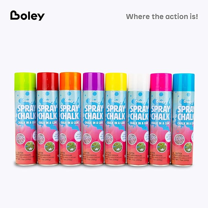 Boley Spray Chalk - 8 Pack Washable Sidewalk Chalk Spray Paint, 7 oz Each, Safe & Non-Toxic, Vibrant Colors for Outdoor Fun, Chalk for Asphalt, Grass, Snow, Sand, Concrete - Ages 14+-CubbioJoy