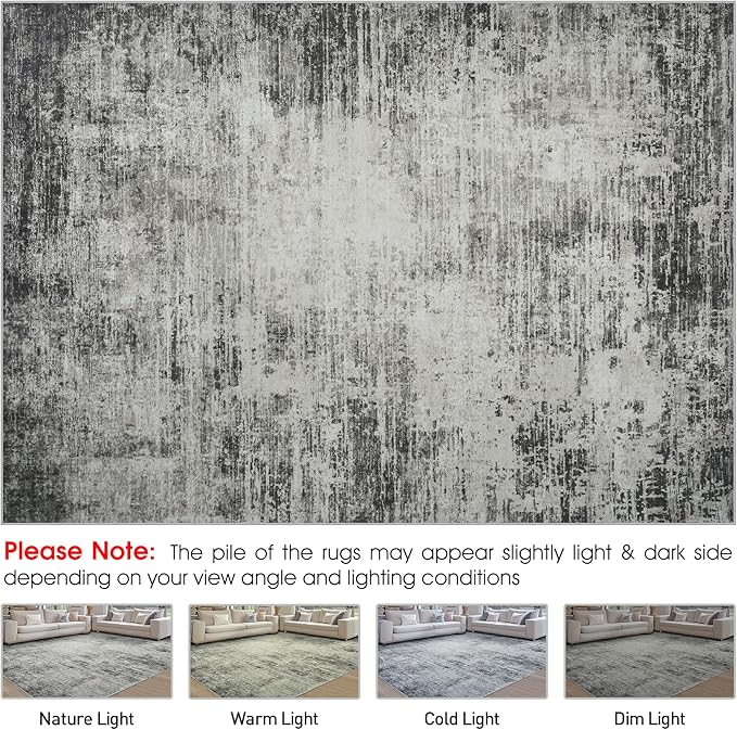 Area Rugs 8x10 Living Room Rugs: Modern Abstract Washable Rug with with Non-Slip Backing, Stain Resistant Indoor Floor Large Carpet for Bedroom Dining Room Table Nursery Hallway Home Office-Black/Gray-CubbioJoy