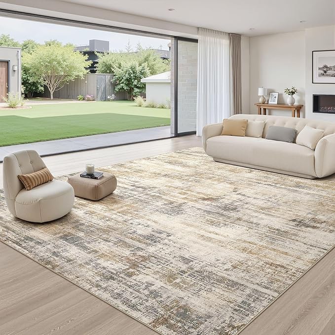 Area Rug for Living Room: 12x15 Washable Neutral Abstract Modern Soft Rugs Non Slip Indoor Floor Stain Resistant Large Carpet for Bedroom Dining Room Office Nursery - Golden Brown-CubbioJoy