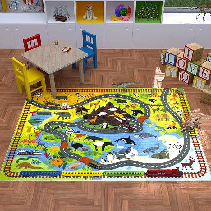 KC Cubs 5x7 Animal Safari Toy Car Road Rug – Educational Play Mat Carpet for Kids, Toddlers, Nursery, Classroom, Playroom, Baby Daycare, Boys & Girls-CubbioJoy