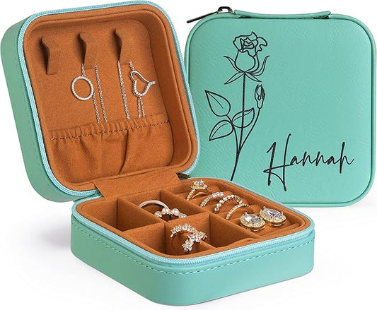 Custom Leather Jewelry Box w/Name & Birth Flower Month - Birthday Gifts for Women, Personalized Jewelry Travel Case - Customized Jewelry Organizer Box, Mom Birthday Gifts - Lime Dream-CubbioJoy