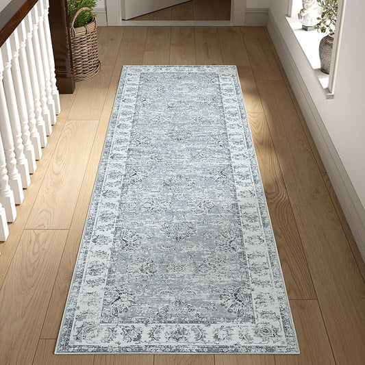 jinchan Runner Rug 2x6 Washable Hallway Runner - Vintage Floral Non Slip Low-Pile Soft Thin Kitchen Rug Distressed Carpet for Farmhouse Bedroom Entryway Laundry Room(2x6ft,Grey)-CubbioJoy