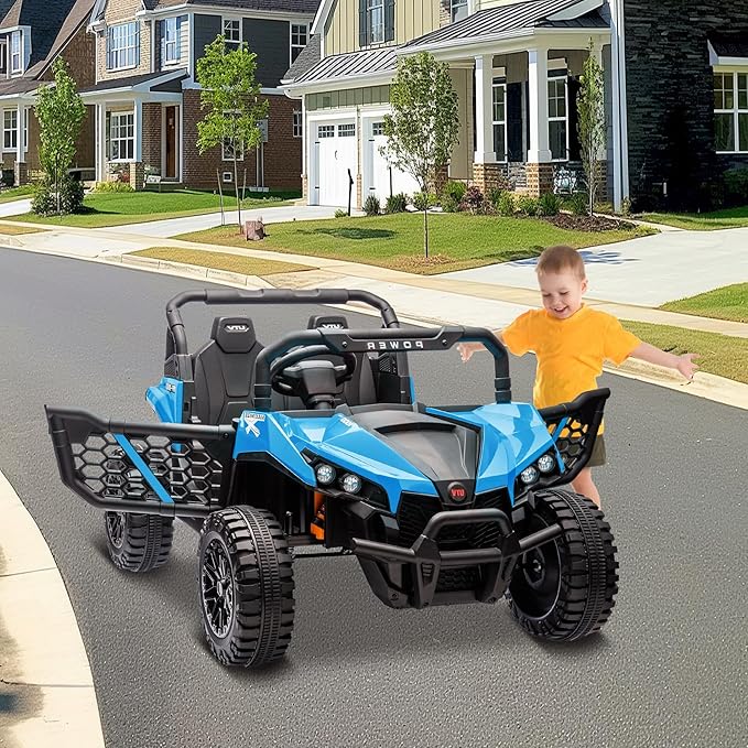 24V 2 Seater Ride On Car Truck, Power Wheels Kids UTV w/Parent Remote Control, 3.1 MPH Max Speed, Music Player, LED Lights & Storage, Electric Vehicle Ride On Toy for Kids Toddler Ages 3-8, Blue-CubbioJoy