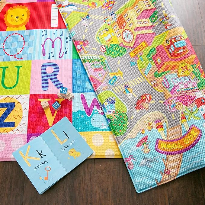 Baby Care Play Mat (Large, Playful - Zoo Town) 82'' x 55'' Original One-Piece Reversible Rollable Waterproof Play Mat for Infants, Babies, Toddler, and Kids-CubbioJoy