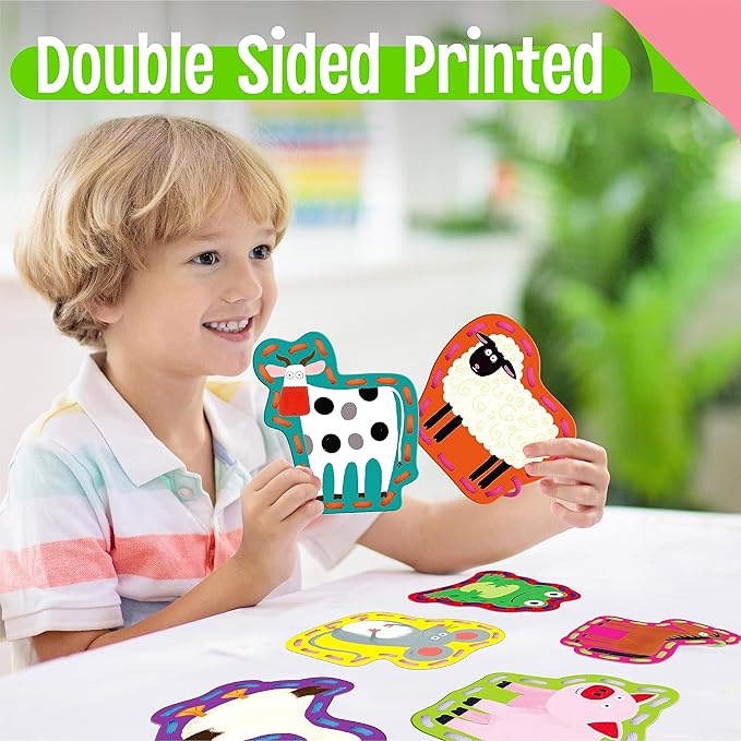 9 Pieces Kids Lacing Cards, Double Sided Sewing Cards in 9 Farm Themed Cards with 9 Colorful Laces, Imagination Development Lacing Toys Games for Children Educational and Learning Activity-CubbioJoy