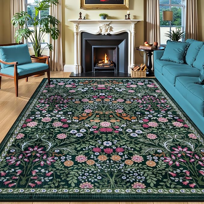 8x10 Area Rugs for Living Room: Floral Washable Rug Vintage Large Soft Boho Non-Slip Carpet Indoor Floor Stain Resistant Carpets for Bedroom Dining Room Farmhouse Nursery Home Office Dark Green-CubbioJoy