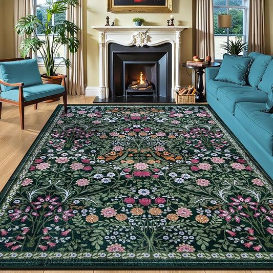 8x10 Area Rugs for Living Room: Floral Washable Rug Vintage Large Soft Boho Non-Slip Carpet Indoor Floor Stain Resistant Carpets for Bedroom Dining Room Farmhouse Nursery Home Office Dark Green-CubbioJoy
