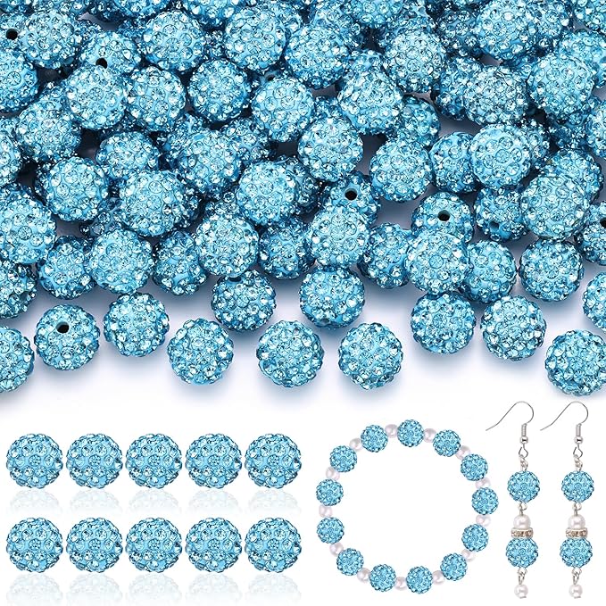 200pcs 10mm Rhinestone Beads for Jewelry Making, Aquamarine Shiny Round Disco Ball Beads Bulk, Sparkle Crystal Clay Christmas for Bracelet Baseball Necklace Earring Crafting and DIY-CubbioJoy