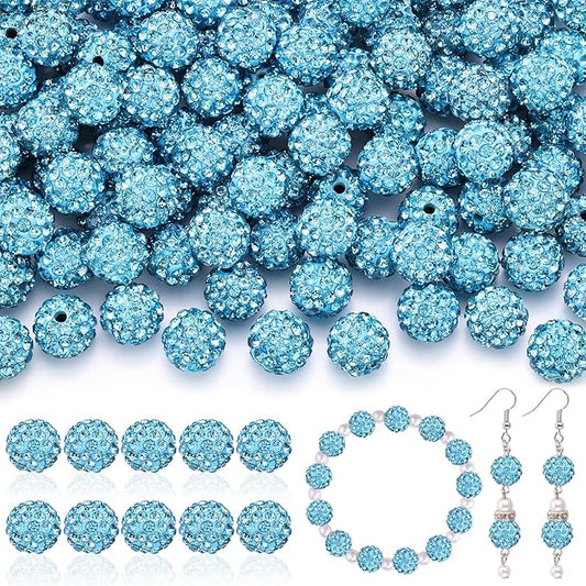 200pcs 10mm Rhinestone Beads for Jewelry Making, Aquamarine Shiny Round Disco Ball Beads Bulk, Sparkle Crystal Clay Christmas for Bracelet Baseball Necklace Earring Crafting and DIY-CubbioJoy