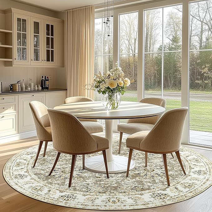 jinchan Round Rug 7ft Area Rugs - Vintage Floral Distressed Design Machine Washable Non-Slip Low-Pile Ultra-Thin Circle Rug for Living Room Dining Room Bedroom Home Office Farmhouse (7' Round,Taupe)-CubbioJoy