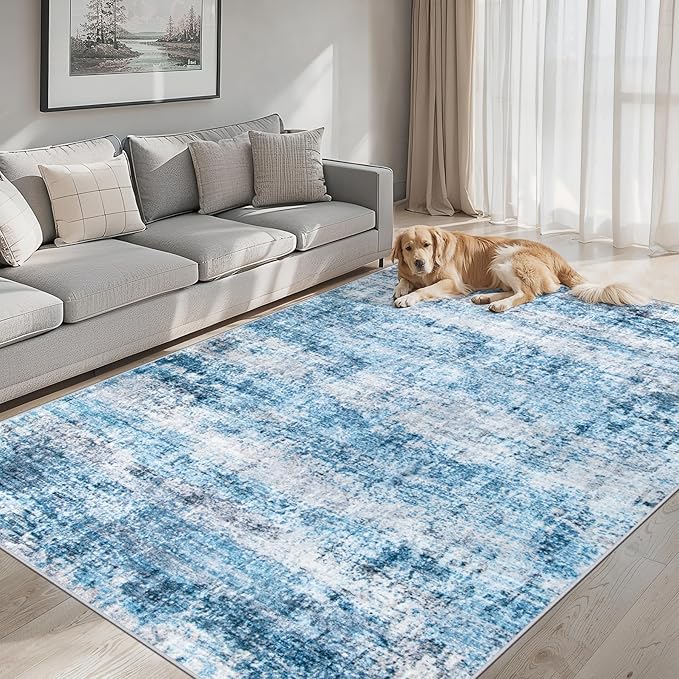 6x9 Area Rugs for Living Room - Washable Rug Modern Abstract Soft Large Neutral Non-Slip Carpet Indoor Floor Thin Carpets for Bedroom Dining Room Farmhouse Nursery Home Office Blue Grey-CubbioJoy