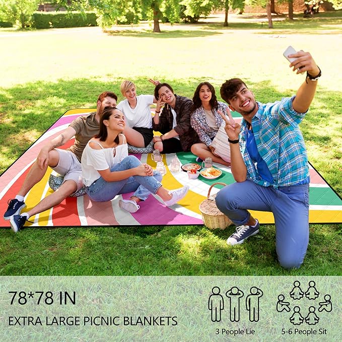 ADecor Picnic Blankets, 79" x 79" Large Beach Blanket Waterproof Sandproof, Foldable Lightweight Portable Picnic Mat Beach Vacation Essentials for Park, Camping, Hiking, Travel, Grass Lawn-CubbioJoy