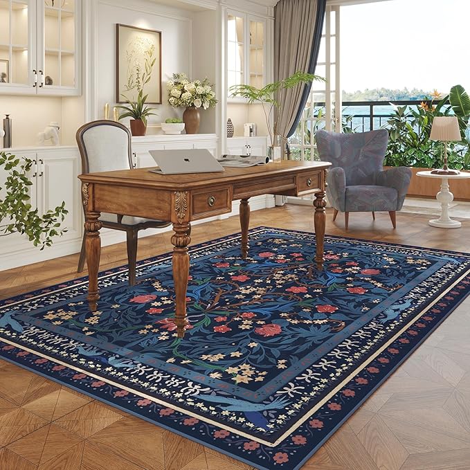 5x7 Washable Rug Vintage Floral Botanical Area Rug Non Slip Low Pile Large Rugs for Living Room, Bedroom, Farmhouse, Dining Room, Kids Playroom, Blue-CubbioJoy