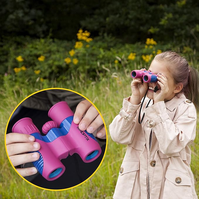 Binoculars for Kids, Girls or Boys Real Kids Binoculars in Vibrant Pink Blue - includes Sticker Book with 40 Bird Species - Kids Toys Small Binoculars, Toddler Binoculars-CubbioJoy