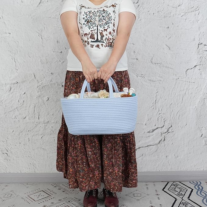 Diaper Caddy Organizer Cotton Rope Baby Basket Nursery Storage and Portable Tote Bag for Car Ideal Baby Shower Gifts and Registry Must-Have for Newborn Essentials Large blue-CubbioJoy