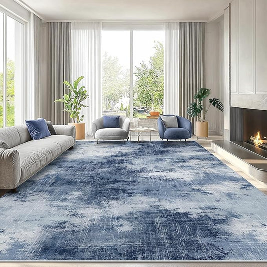 Amada 9x12 Large Area Rugs, Modern Living Room Rugs with Non-Slip Backing & Short Pile, Washable Rug with Abstract Pattern for Living Room, Bedroom and Dinning Room, Dark Blue-CubbioJoy