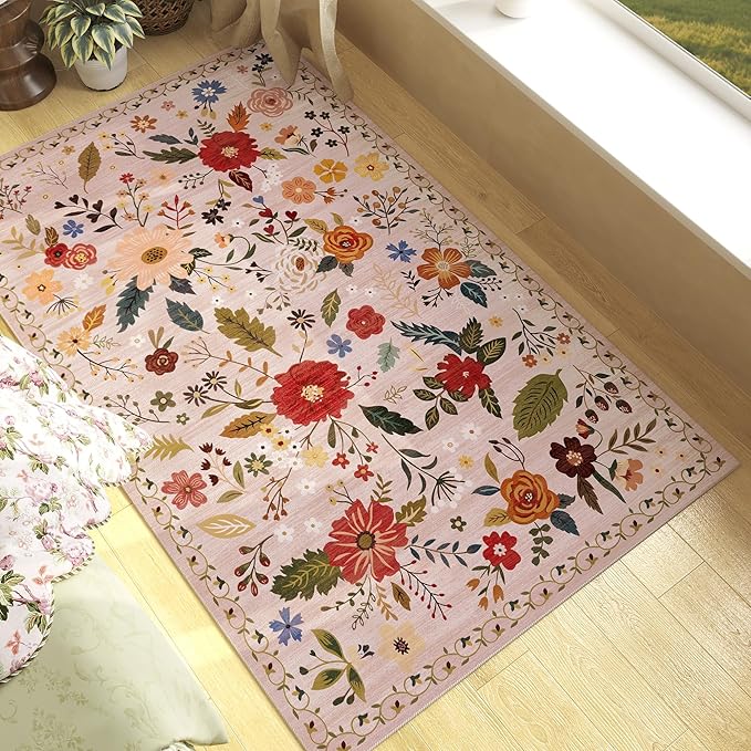 3x5 Area Rug, Floral Pink Washable Rug for Entryway, Non Slip Flower Area Rugs, Soft Low Pile Indoor Doormat Small Carpet, Rugs for Living Room Bedroom Nursery Kitchen Dining Room, Pink/Beige-CubbioJoy