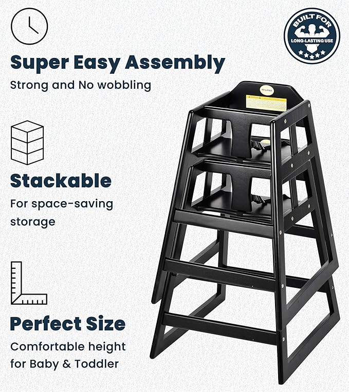 Alpine Wooden High Chairs for Babies and Toddlers with Safety Strap, Commercial Grade Restaurant High Chair, Durable Wood Space Saver Baby Feeding Chair, Ideal for Dining Spaces (2 Pack, Black)-CubbioJoy
