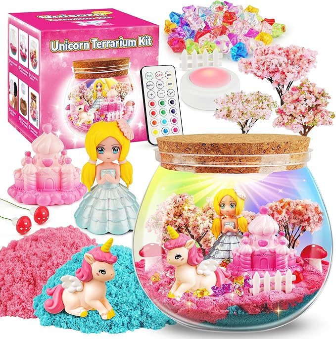 D-FantiX Unicorn Princess Toys Terrarium Kit for Kids, Led Night Light Birthday for Little Girls, DIY Arts and Crafts Science Kit for Kids Age 3 4 5 6 7 8-12 Year Old-CubbioJoy