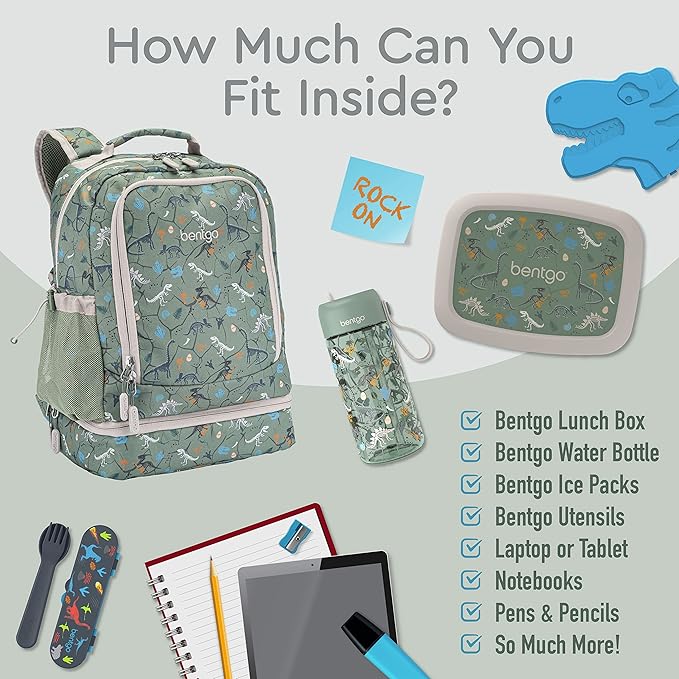 Bentgo Kids 2-in-1 Backpack & Insulated Lunch Bag - Durable 16” Backpack & Lunch Container in Unique Prints for School & Travel - Water Resistant, Padded & Large Compartments (Dino Fossils)-CubbioJoy