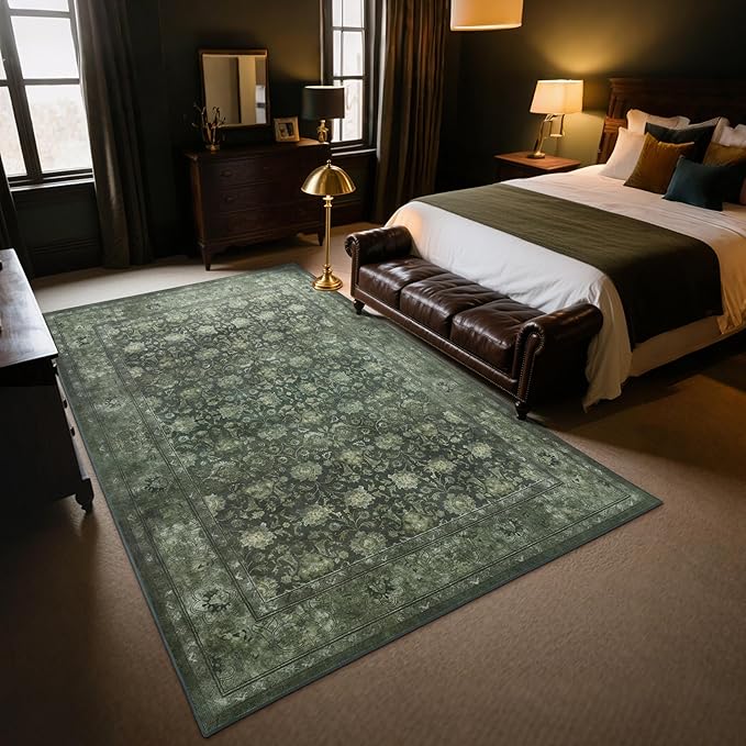 5x7 Washable Area Rug for Living Room, Non Slip Vintage Floral Rugs for Bedroom, Retro Indoor Floor Carpet for Kitchen, Dining Room, Farmhouse, Classroom (Distressed Green)-CubbioJoy