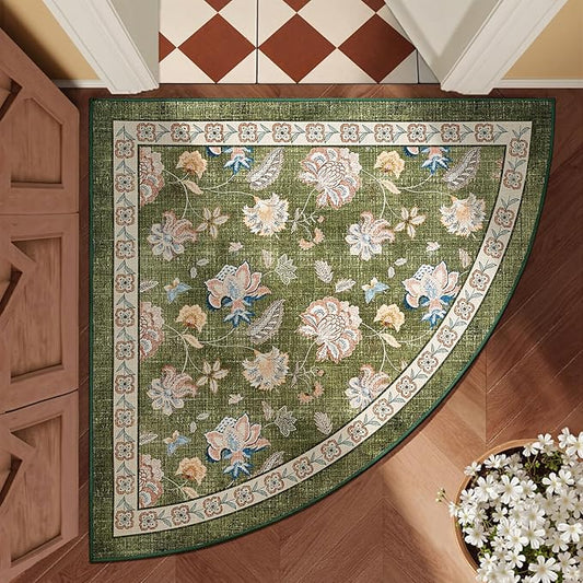 jinchan Floral Corner Rug for Entryway Washable Kitchen Rug Vintage Romance Design Non Slip Quarter Circle Lightweight Low-Pile Throw Carpet for Playroom Reading Nook Nursery, 4ft Radius, Green-CubbioJoy
