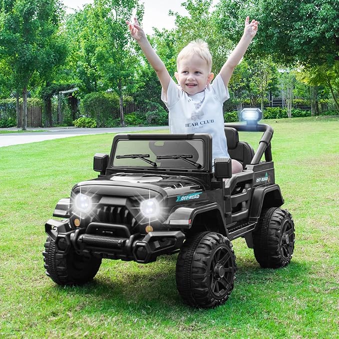 Costzon 12V Kids Ride on Truck Car, Electric Vehicle w/Remote Control, Threaded Wheels, 3 Speeds, LED Lights, Music, Horn & Wireless Connection, Battery Powered Ride on Toy for Boys & Girls 3+ (Black)-CubbioJoy