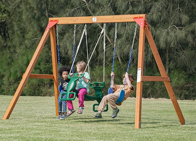 DIY Swing Sets for Backyard, Wooden Playground Sets with Glider Swing and 2 Belt Swings, Kids Outdoor Play Equipment, Outdoor Playset-CubbioJoy
