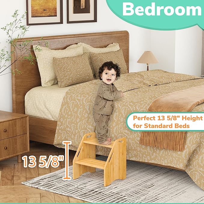 AMBIRD Wooden Step Stool, 15.75'' H Potty Training Toddler 300 lbs Capacity with Safety Non-Slip Pads and Handles, Kitchen Step Stools for Kids, Bamboo Step Stool for Bathroom, High Beds (Natural)-CubbioJoy