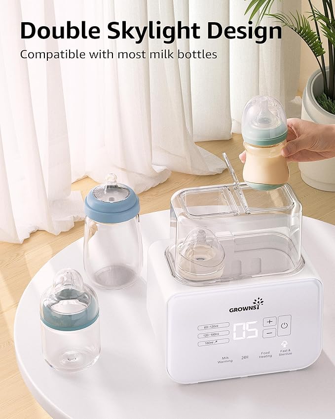 Baby Bottle Warmer, Grownsy 8-in-1 Fast Milk Warmer with Timer Breastmilk or Formula, Fits 2 Bottles, Accurate Temperature Control, with Defrost, Sterili-zing, Keep, Heat Baby Food Jars Function-CubbioJoy
