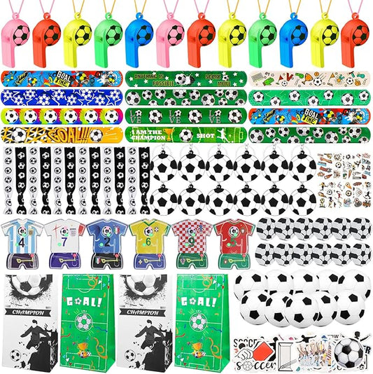 158Pcs Soccer Party Favors - Bags, Whistles, Balls, Slap Bracelets, Keychains, Stickers, Tattoos for Party Goodie Bags-CubbioJoy