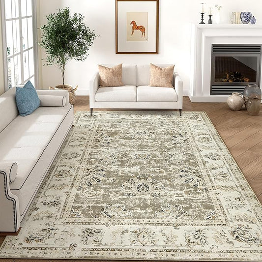 jinchan Washable Area Rug 8x10 for Living Room - Soft Faux Wool Ultra-Thin Stain Resistant Non-Slip Distressed Vintage Floral Large Carpet for Bedroom,Dining Room,Home Office,Nursery(Taupe, 8'x10')-CubbioJoy