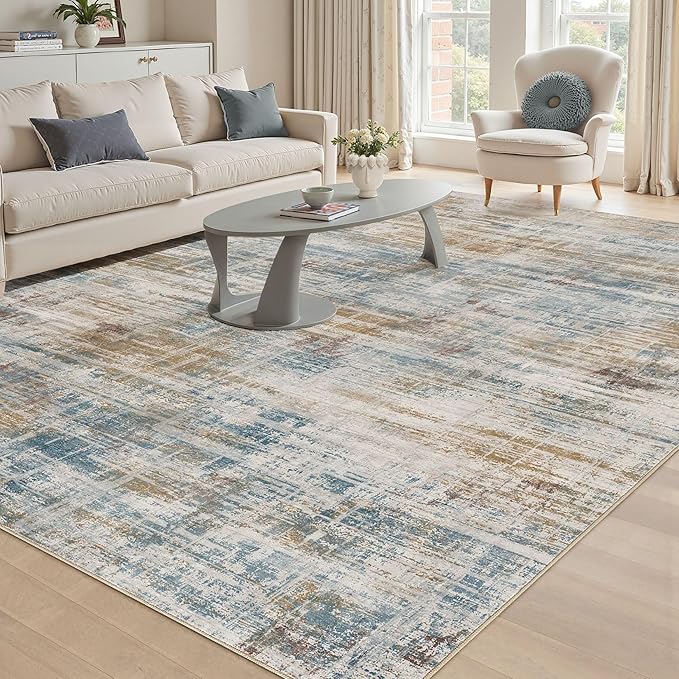 Area Rug for Living Room: 12x15 Washable Neutral Abstract Modern Soft Rugs Non Slip Indoor Floor Stain Resistant Large Carpet for Bedroom Dining Room Office Nursery - Blue Brown-CubbioJoy