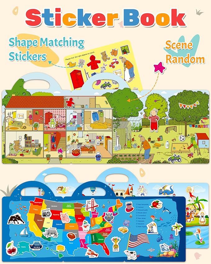 Benresive Reusable Sticker Books for Kids 2-4, Sticker Books for Toddlers 1-3 2-4, Toddler Travel Toys Activities Crafts Gifts - America Map, Fairy, My House-CubbioJoy