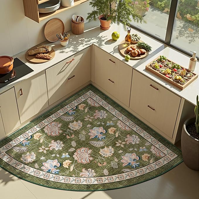 jinchan Floral Corner Rug for Entryway Washable Kitchen Rug Vintage Romance Design Non Slip Quarter Circle Lightweight Low-Pile Throw Carpet for Playroom Reading Nook Nursery, 4ft Radius, Green-CubbioJoy