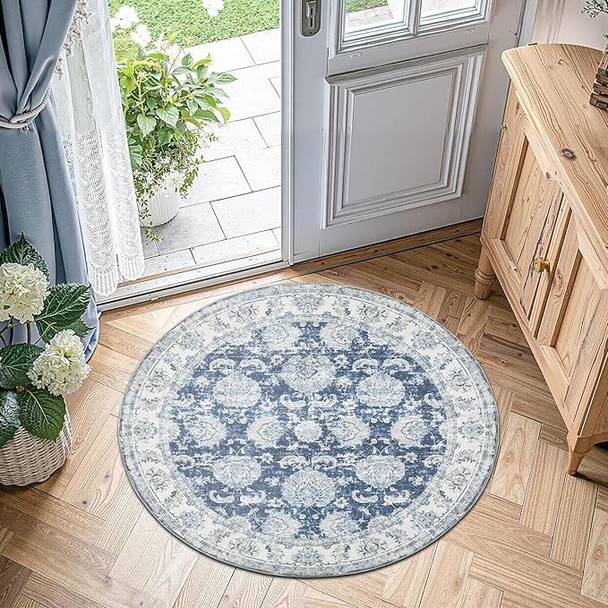 jinchan Round Rug 4ft Area Rug - Indoor Vintage Hallway Circle 4' Washable - Ultra-Thin Low Pile Soft Small Non Slip Distressed Floral Print for Living Room Dining Room Bedroom Entryway Dark Blue-CubbioJoy