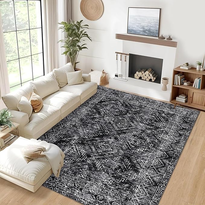 COZYLOOM Area Rug 6x9 Washable Rug for Bedroom Office Dining Room Living Room Vintage Non Slip Large Area Rug Geometric Soft Throw Low Pile Stain Resistant Carpet, Black-CubbioJoy