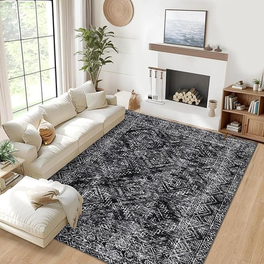 COZYLOOM Area Rug 6x9 Washable Rug for Bedroom Office Dining Room Living Room Vintage Non Slip Large Area Rug Geometric Soft Throw Low Pile Stain Resistant Carpet, Black-CubbioJoy