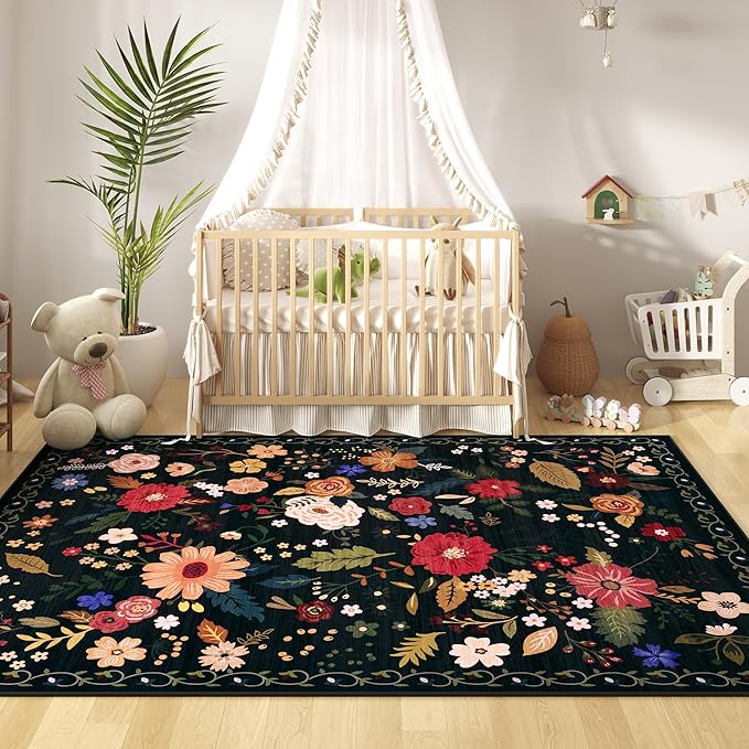 5x7 Washable Rug for Living Room, Floral Black Area Rug, Non Slip Low Pile Soft Flower Carpet, Large Rugs for Bedroom, Dining Room, Office, Kids Playroom, Nursery-CubbioJoy