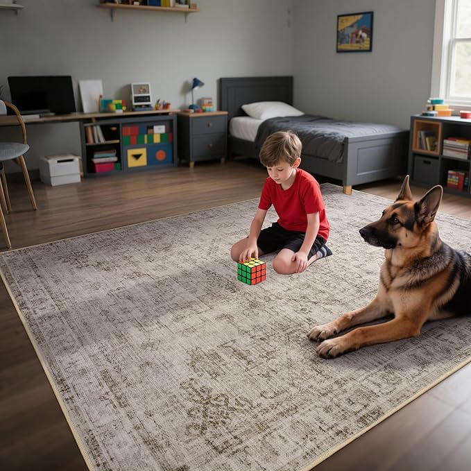 6x9 Washable Area Rug for Living Room, Non-Slip Distressed Rugs for Bedroom Dinning Room, Ultra-Thin Indoor Non-Shedding Vintage Print Carpet for Farmhouse, Home Office, Dorm Light Taupe/Cream-CubbioJoy