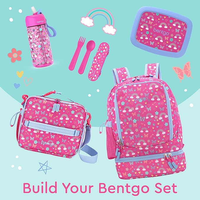 Bentgo Kids 2-in-1 Backpack & Insulated Lunch Bag - Durable 16” Backpack & Lunch Container in Unique Prints for School & Travel - Water Resistant, Padded & Large Compartments (Rainbows & Butterflies)-CubbioJoy