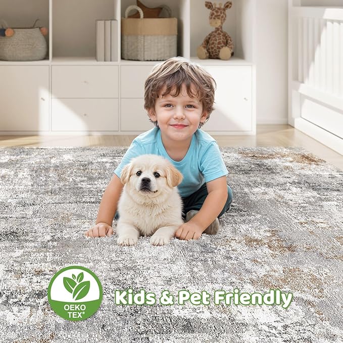 8x10 Area Rugs Living Room: Machine Washable Large Abstract Modern Soft Rug Stain Resistant Indoor Floor Non Slip Accent Carpet for Bedroom Nursery Playroom Office Dining Room Dorm- Gray Rust-CubbioJoy