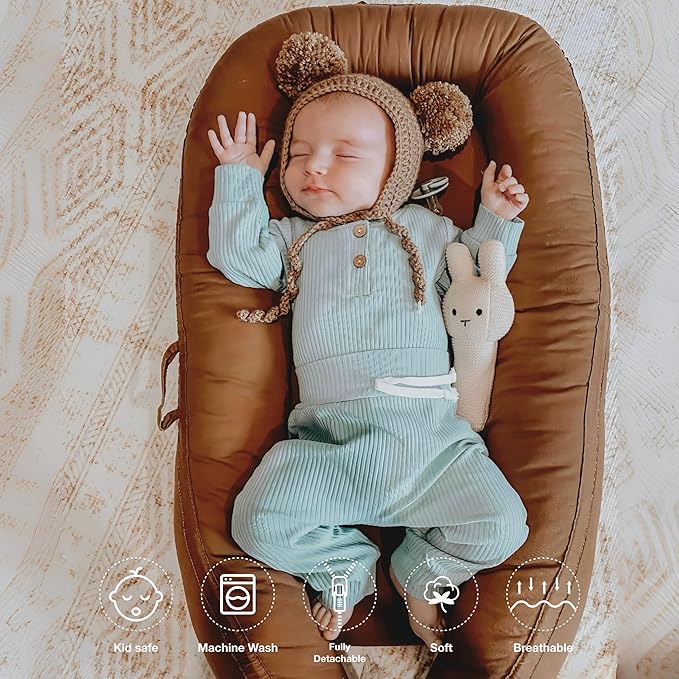 Deluxe Infant Lounger, Baby Nest Cover for Baby Girls & Boys, Newborn Essentials for Baby 0-12 Months, 100% Cotton (GoldenBrown)-CubbioJoy