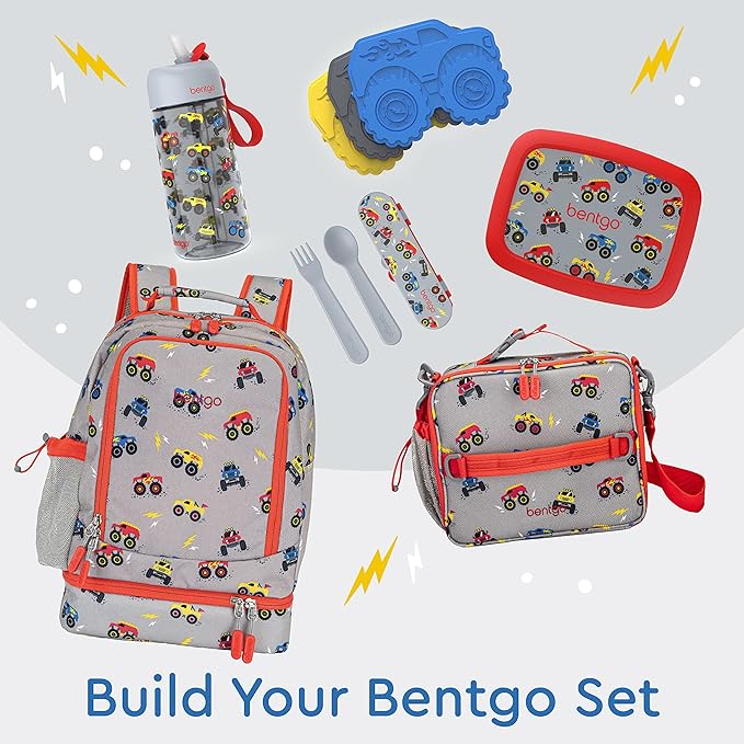 Bentgo Kids 2-in-1 Backpack & Insulated Lunch Bag - Durable 16” Backpack & Lunch Container in Unique Prints for School & Travel - Water Resistant, Padded & Large Compartments (Trucks)-CubbioJoy