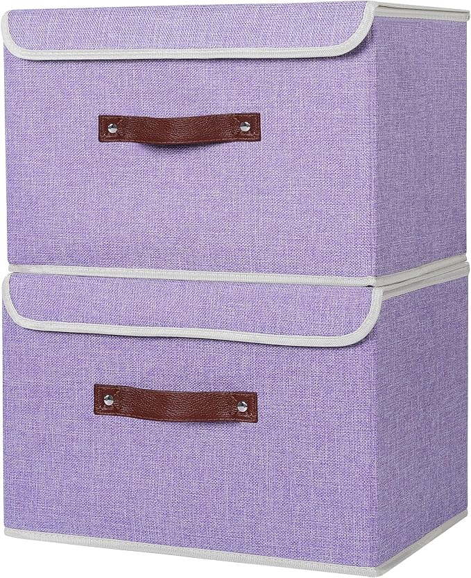 ANMINY 2PCS Storage Bins with Lid PU Leather Handles Storage Boxes PP Plastic Board Decorative Foldable Lidded Cotton Linen Fabric Home Cubes Baskets Closet Organizer Containers - Purple, Large Size-CubbioJoy