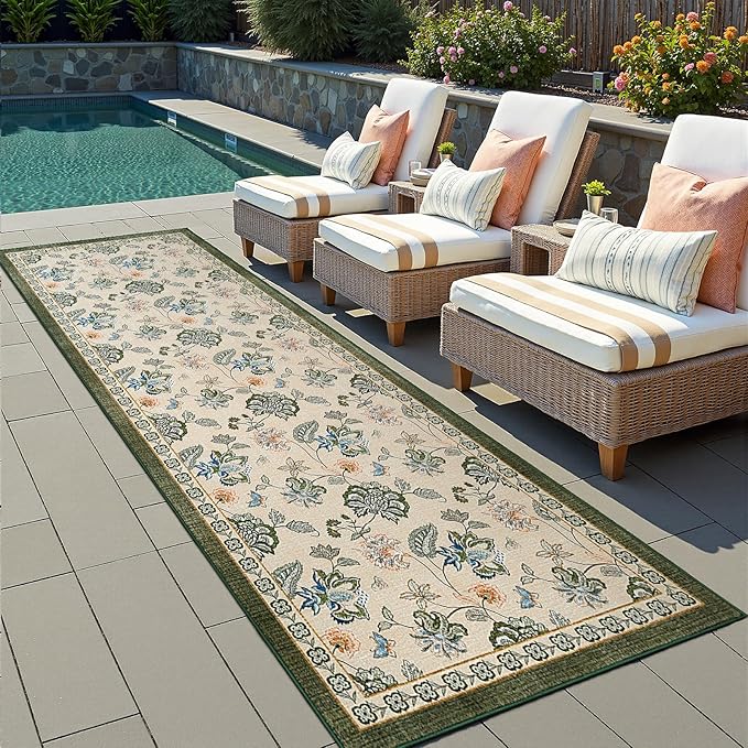 jinchan 3x10 Floral Runner Rug for Hallway Washable Kitchen Runner Vintage Romance Design Non Slip Thin Indoor Floor Cover Low-Profile Throw Carpet for Entryway Bathroom Bedroom Porch, Green/Beige-CubbioJoy