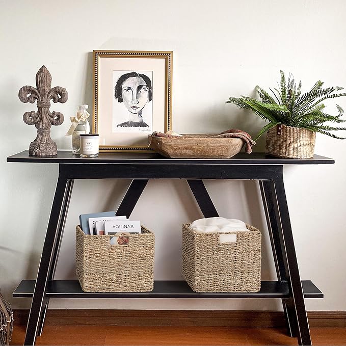 12x12x10in Seagrass Storage Baskets Set of 4, Large Wicker Storage Basket, Decorative Seagrass Shelf Basket, Pantry Baskets Organization,Folding Storage Cube Bins-CubbioJoy