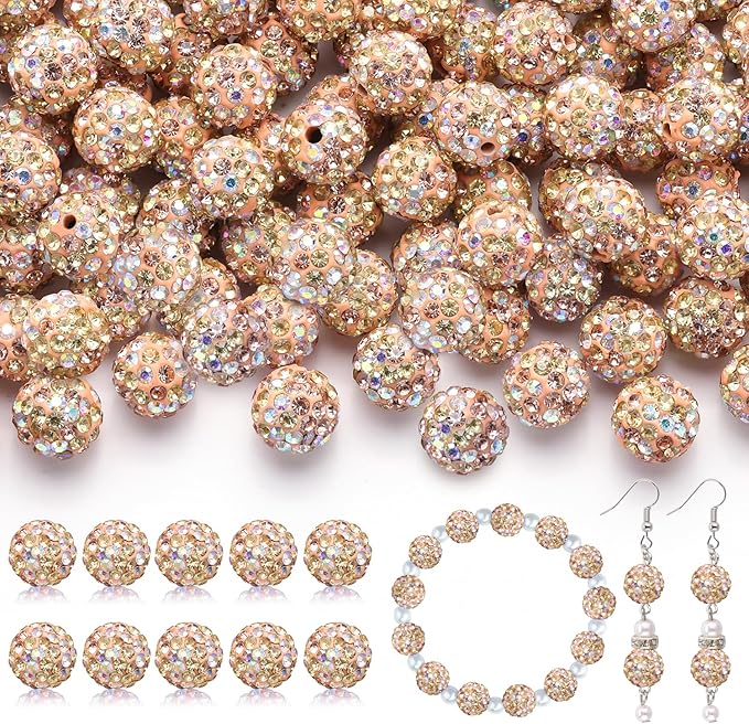 200pcs 10mm Rhinestone Beads for Jewelry Making, Light Peach AB Shiny Round Disco Beads Bulk, Sparkle Crystal Clay Christmas for Bracelet Baseball Necklace Earring Crafting and DIY-CubbioJoy
