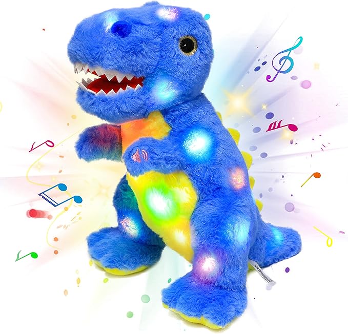 Cuteoy Light-up Singing Plush Blue Dinosaur LED Musical Stuffed Animal T-Rex Adjustable Volume Lullaby Plushies Birthday Christmas Toy Gifts for Kids Toddler Girls, 12"-CubbioJoy