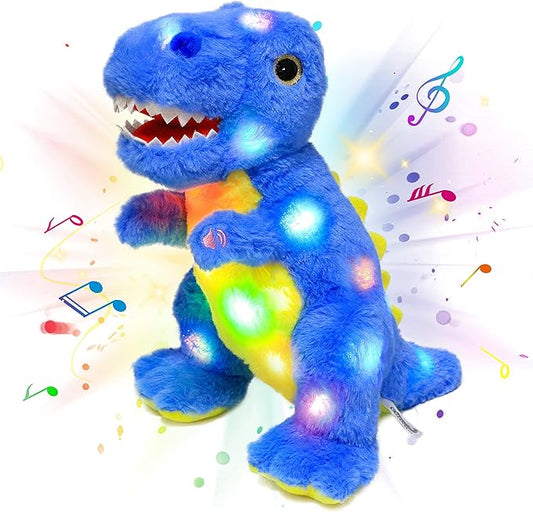 Cuteoy Light-up Singing Plush Blue Dinosaur LED Musical Stuffed Animal T-Rex Adjustable Volume Lullaby Plushies Birthday Christmas Toy Gifts for Kids Toddler Girls, 12"-CubbioJoy